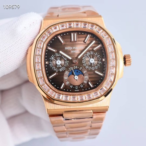 파텍필립 노틸러스 퍼페츄얼 캘린더 바게트 다이아 18k 도금 브라운 컬러 시계 워치